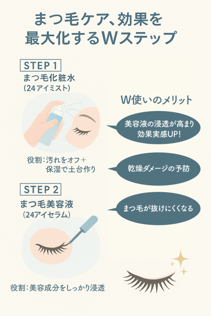 まつ毛美容液とまつ毛化粧水のW使いでさらに効果アップ！